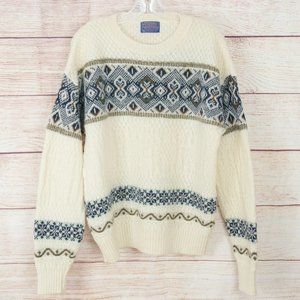Mens Pendleton 100% Virgin Wool Sweater Ivory Fair Isle Ski Crew Neck size L